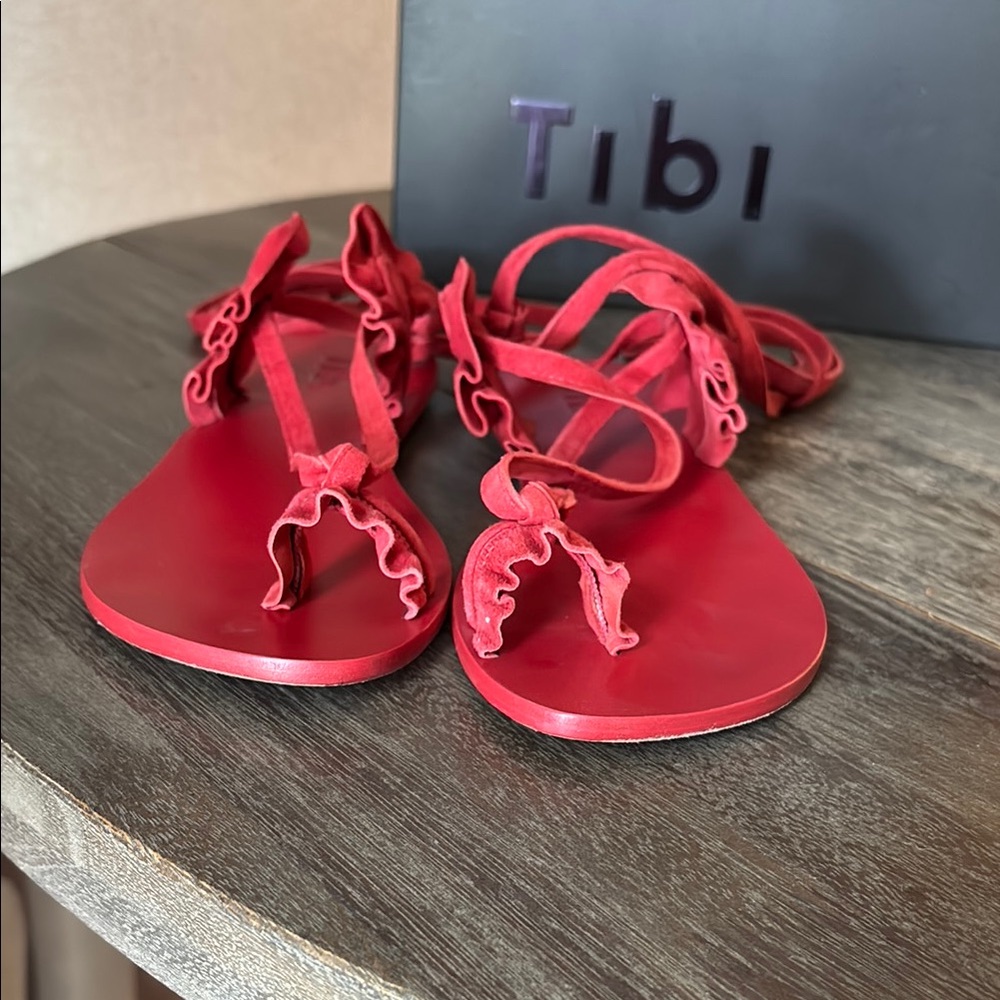 Tibi Red Ruffle Strap Sandals - Picture 4 of 6